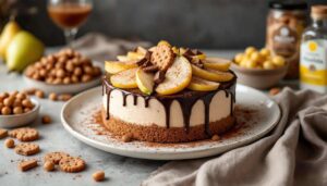 Torta con mousse vellutata, pere dolci e cioccolato fondente per un dessert raffinato e speciale
