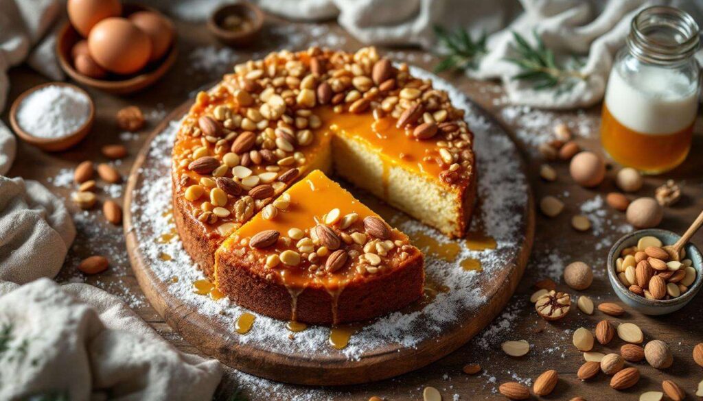 Torta rovesciata con croccantino di frutta secca e miele: soffice dentro, croccante sopra